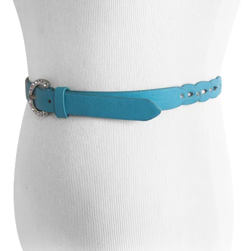 Turquoise Leather-Look Link Belt with Rhinestone Rivets