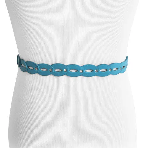 Turquoise Leather-Look Link Belt with Rhinestone Rivets