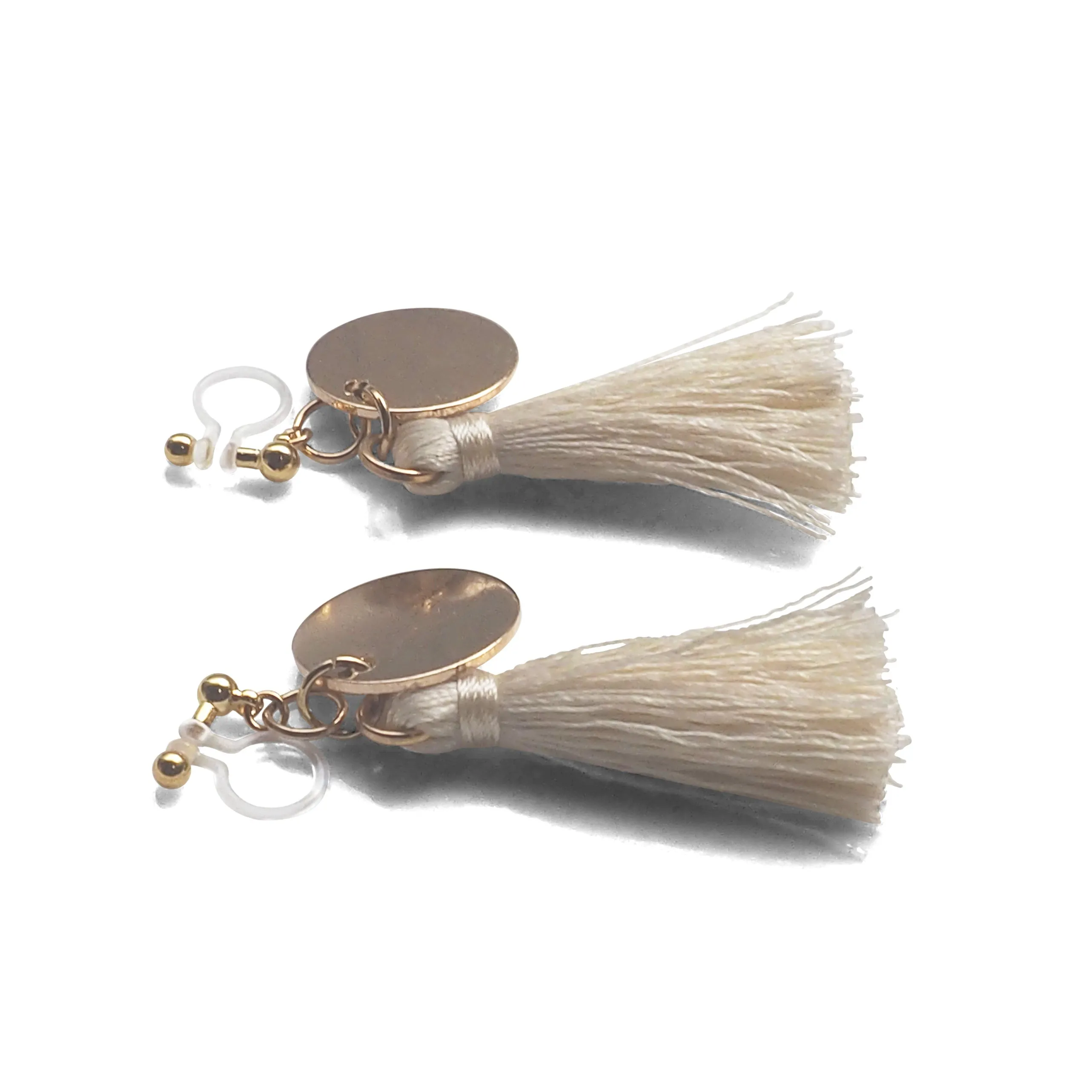 White Tassel with Gold Coin Invisible Clip On Earrings