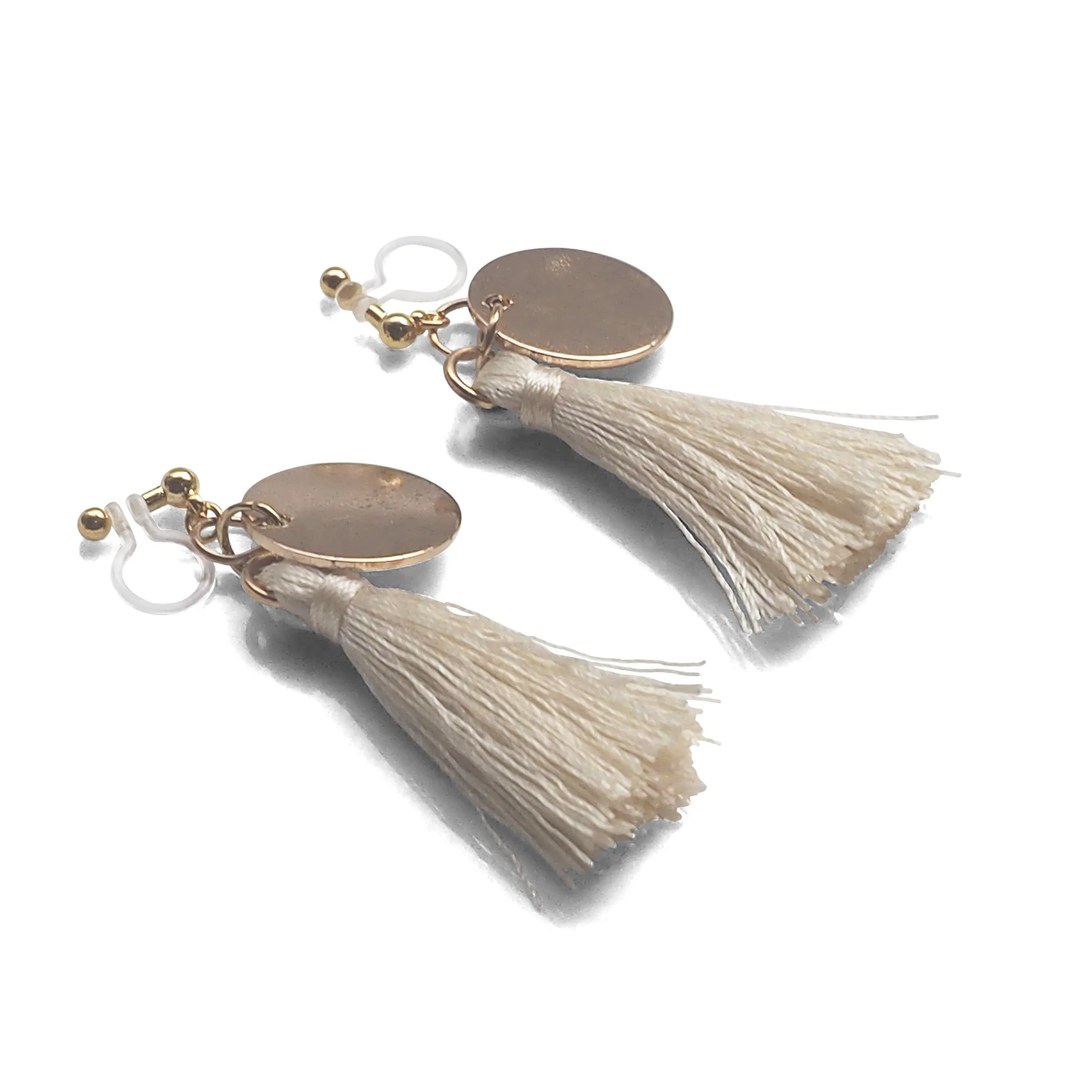 White Tassel with Gold Coin Invisible Clip On Earrings