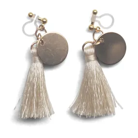 White Tassel with Gold Coin Invisible Clip On Earrings