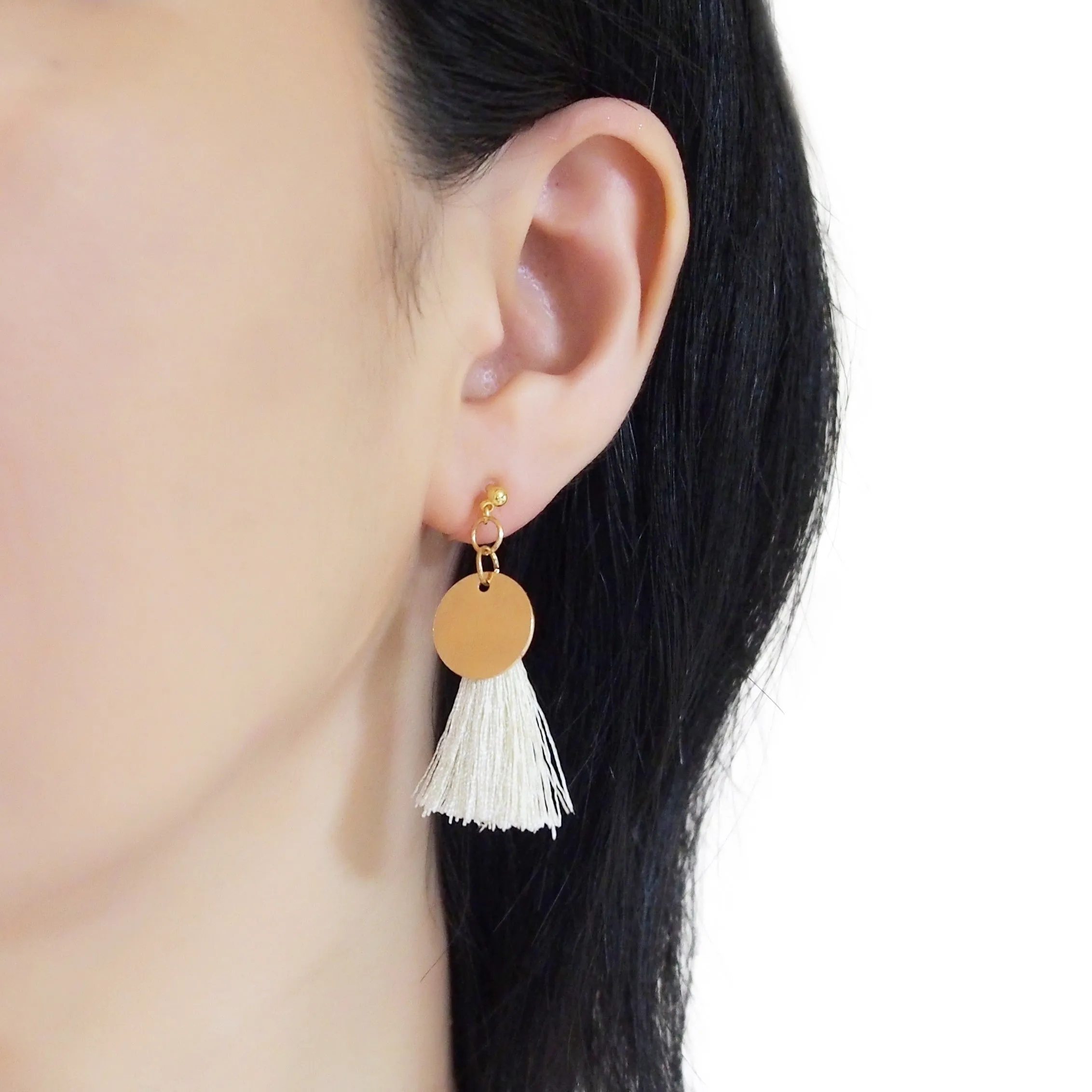 White Tassel with Gold Coin Invisible Clip On Earrings