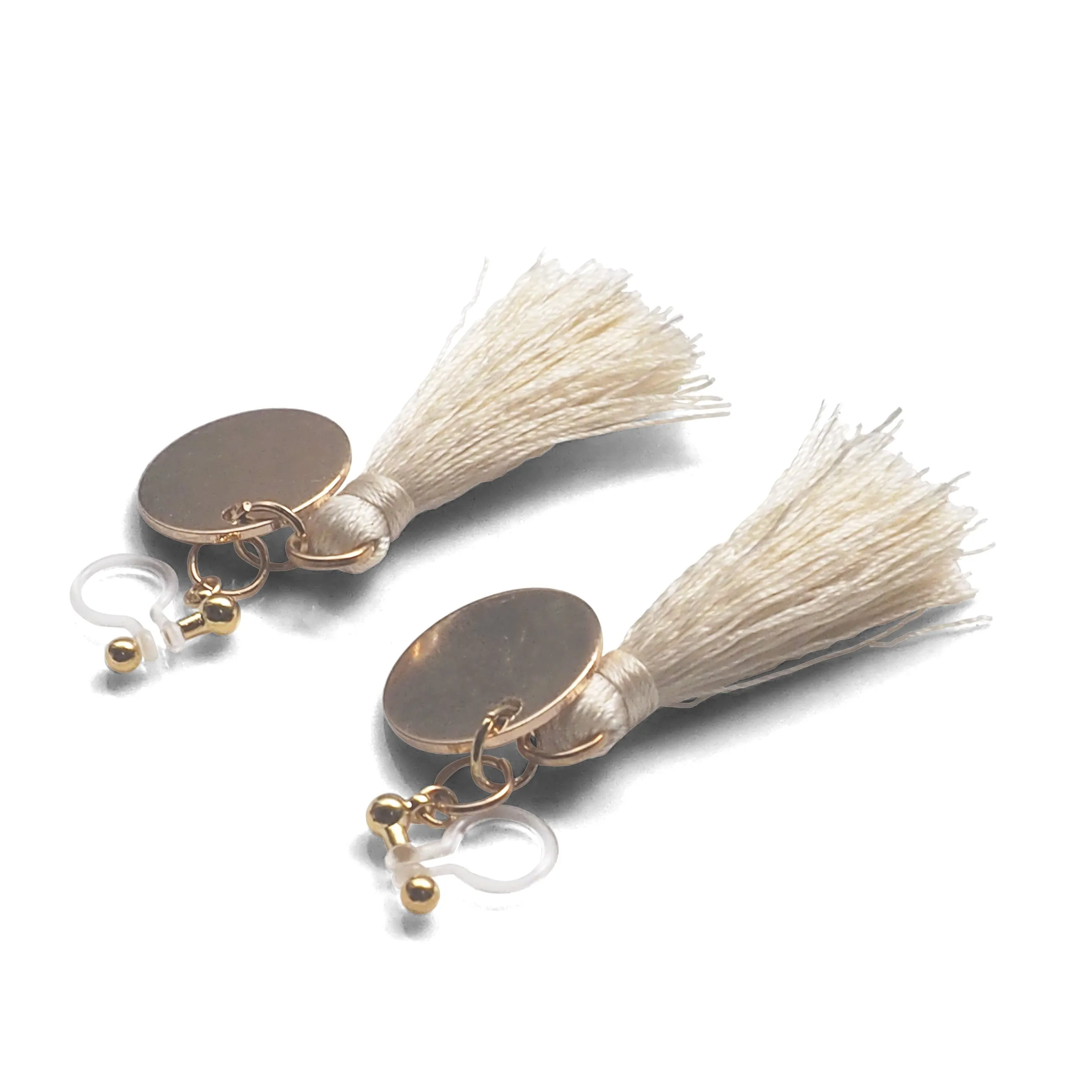 White Tassel with Gold Coin Invisible Clip On Earrings