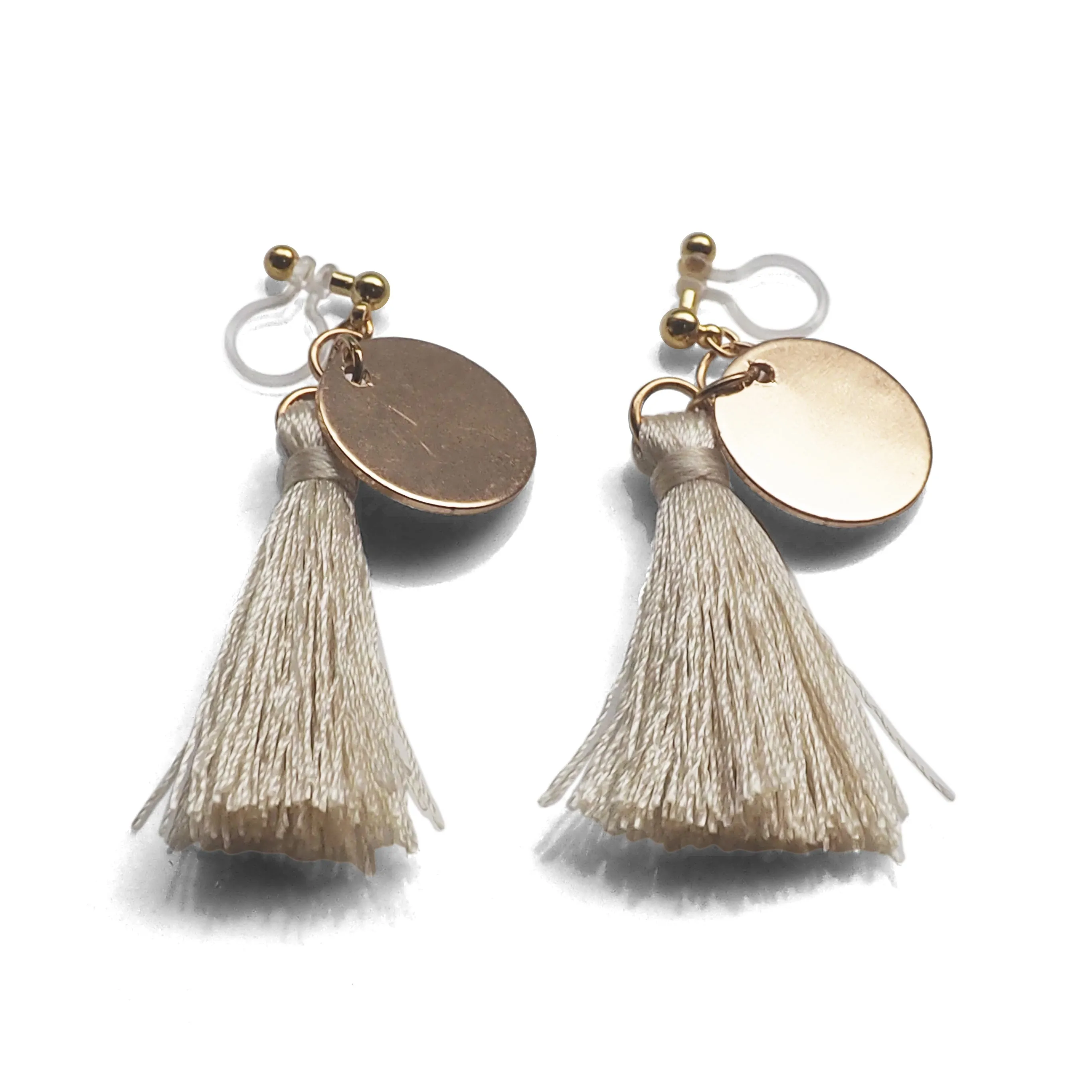 White Tassel with Gold Coin Invisible Clip On Earrings