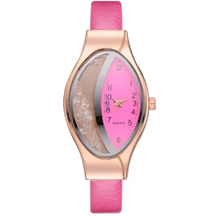 Women Fashion Luxury Leather Strap Ellipse Rhinestone Watch