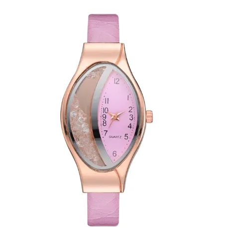 Women Fashion Luxury Leather Strap Ellipse Rhinestone Watch