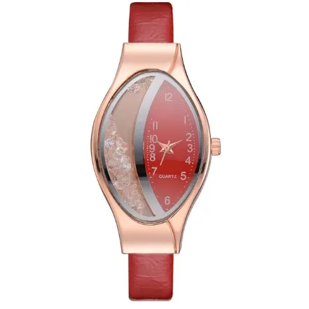 Women Fashion Luxury Leather Strap Ellipse Rhinestone Watch