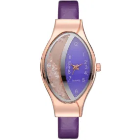 Women Fashion Luxury Leather Strap Ellipse Rhinestone Watch